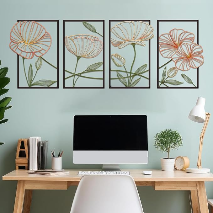 ESTART 4Pcs Metal Lotus Wall Decor Abstract Floral Line Art Sculpture | Minimalist Wall Decor for Bedroom Flowers Hanging Wall Sculpture for Living Room Kitchen Office and Yoga Room(Colourful) by ESTART