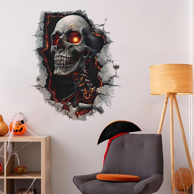 Halloween Skull Wall Decals Scary Skeleton Breaking Through Wall Sticker Flaming Eyes Grim Reaper Removable Vinyl Window Murals Haunted House Horror Theme Party Home Room Decorations - Image 2