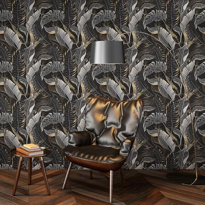 MuralPeel Modern Black Gold Tropical Plant Leaf Dark/Grey Peel and Stick Wallpaper Self Adhesive Removable Easy Peel Off Contact Stick on Wall Paper for Bedroom Renter - Image 4