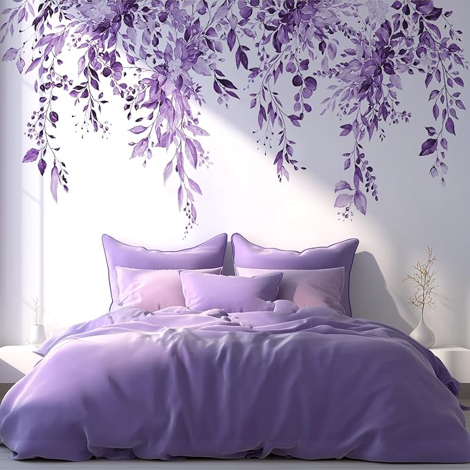 Purple Plants Leaves Wall Decals Peel and Stick, Large Floral Flowers Wall Stickers, Removable Vine Home Decor Art for Bedroom Living Room Classroom Office by VePret