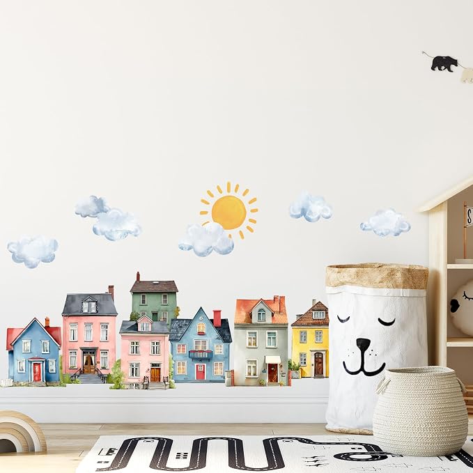 Watercolor Towns Village Wall Decal, Peel and Stick Nursery Mural Wall Stickers for Kids, Boys and Girls Room, Bedroom & Toddler Room Decor by Unknown