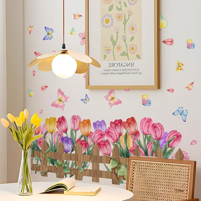 2 Pieces Tulips Wall Decals Vinyl Flowers Wall Stickers Removable Floral Art Murals Peel and Stick Colorful Tulips Fence Butterfly Decor for Girls Bedroom Living Room Nursery - Image 6