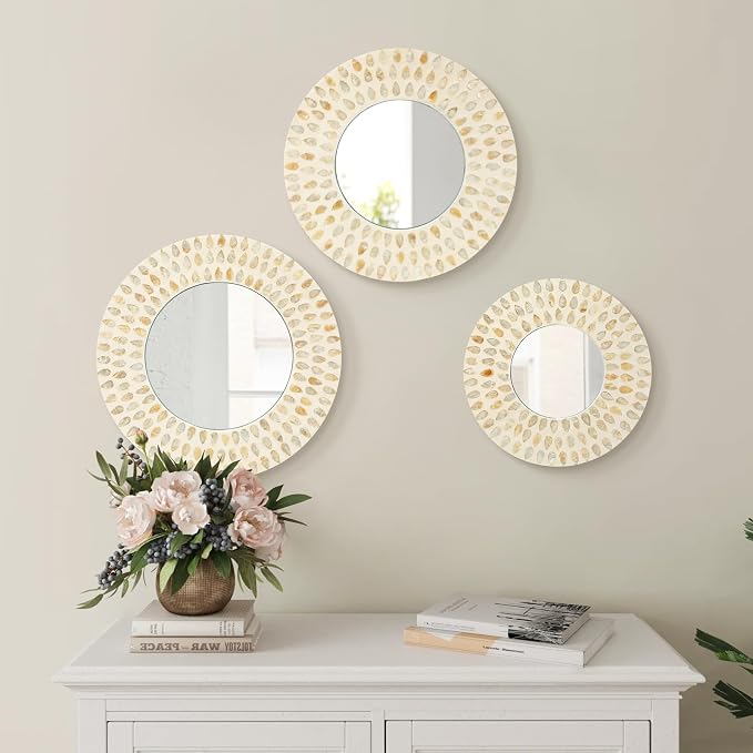 Boho Mirror Wall Decor for Living Room, Natural Mother of Pearl Art by TEIPAI