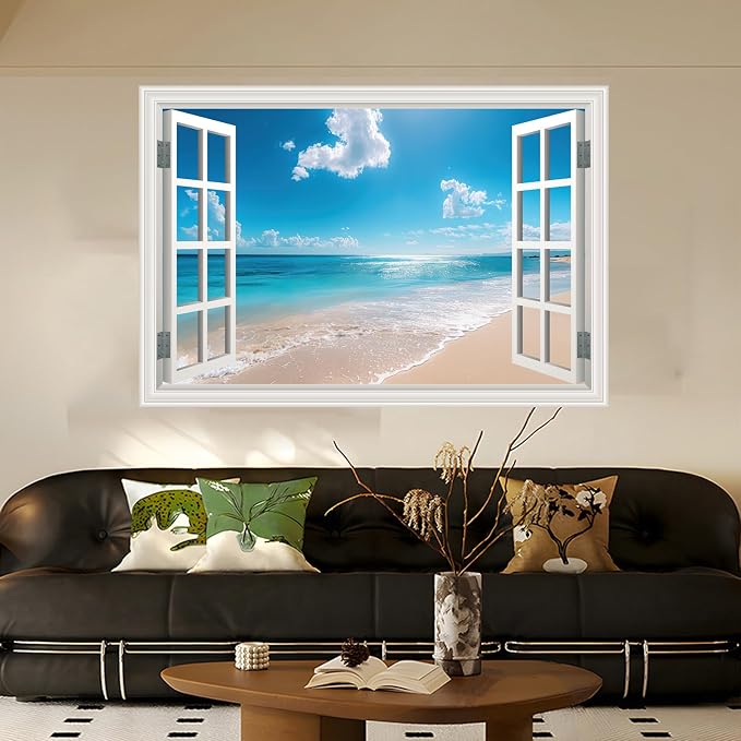 Fake Window Poster Wall Art Sticker - Summer Beach Faux Window Wall Mural for Wall Decor, Stick and Peel Wall Decals, 24" x 16" - Image 8