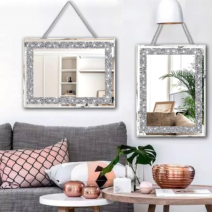 2 Piece Wall Mirrors, Crush Diamond Wall Décor Silver Decorative Mirrors for Living Room , Bedroom, Bathroom. (11”x15”) - Image 3