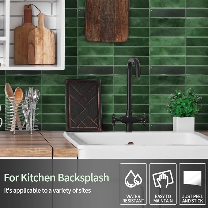 Peel and Stick Backsplash 3D Wall Tiles,Self-Adhesive,Oil Proof,Waterproof, Removable Wall Panels for Kitchen & Bathroom,Modern Design, Easy Install (10.7ft，12x9 inch,14 Pack) (Green) - Image 2