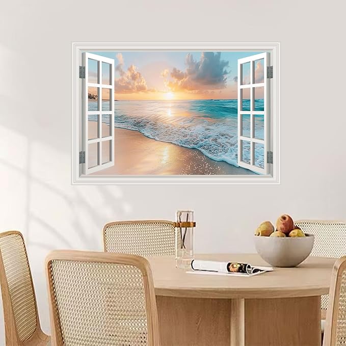 Fake Window Wall Mural Sunset Beach Scene, 24" x 16" | Faux Window Wall Sticker, Peel and Stick, For Office Home Room Decor, Art Poster - Image 7