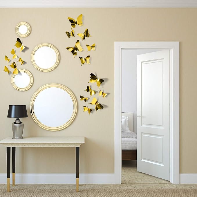 BBTO 48 Pcs 3D Butterfly Mirror Wall Decor,Gold | Butterfly Stickers,3 Sizes,for Birthday Party Cake,Room Nursery Bathroom Wall Decor,Removable Peel Stick,Reflective - Image 2