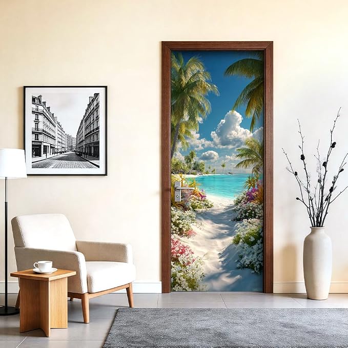 Tropical Beach Door Mural, Palm Tree Ocean Door Cover | Waterproof PVC, 30.3" W x 78.7" L; tropical beach scene for bedroom, entryway, office or closet doors. - Image 2