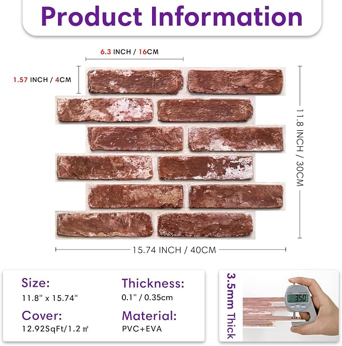 3D Peel and Stick Faux Brick Wall Panels 15.7" x 11.8" 10-Pack | Vintage Red-Brown, Brick-Look Textured Wall Sticker, Thin PVC Self Adhesive Wall Tiles for Interior Decor, Cover 12.9 sq ft - Image 5