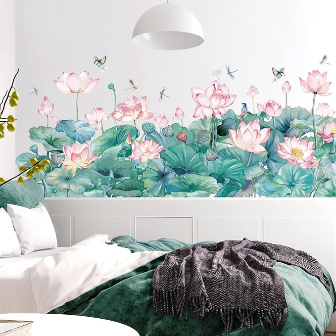 Watercolor Pink Lotus Wall Decals Chinese Style Water Lilies Wall Stickers Vinyl Removable Birds and Dragonflies Art Murals for Living Room Bedroom Office Girls Room Playroom Bathroom Wall Decoration by LiveGallery