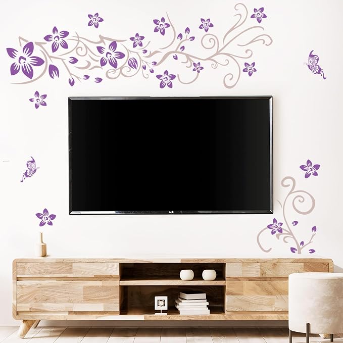 Supzone Flowers Vine Wall Decals - Purple Flowers Stickers With Butterflies, Removable Vinyl DIY Home Art for Bedroom, Living Room, Sofa Backdrop, TV Decoration - Image 3