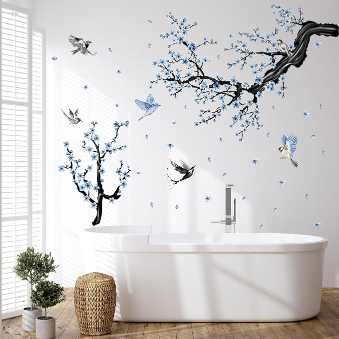 Blue Floral Wall Sticker Hanging Flower Vine Room Decor Large Tree Branch Wall Decals Peel and Stick Birds Wall Stickers for Bedroom Living Room - Image 2