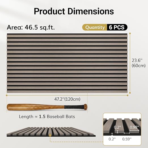 TONOR Wood Wall Panels for Interior Wall Decor-6 Pack 47.2" x 23.6" | Wood Slat Acoustic Panels-46.41ft², Soundproof Wall Panels for Noise Cancelling and Decoration, Living Room, Office, Gray - Image 4