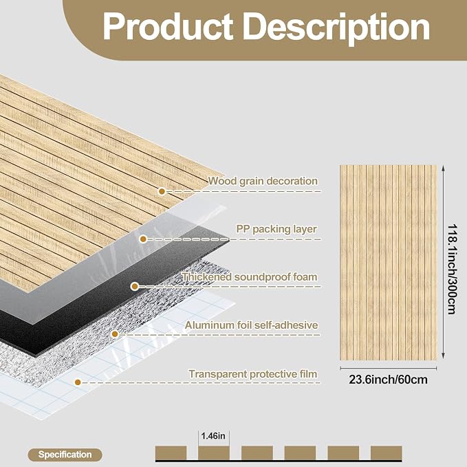 Chejiaye Peel and Stick 3D Wall Panel -23.6"x118"Soundproof Self-Adhesive Wall Sticker, Removable Thick PVC Slat Contact Paper for Kitchen Bedroom,Ceiling Wall Decoration Wood Grain (Brown) - Image 4