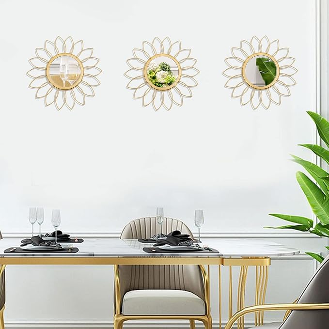 3 Pack Metal Mirrors for Wall Sunburst Wall Mirrors Home Décor Decorative Hanging Wall Art for Living Room Bedroom Entryway (Gold, Flowers) - Image 5