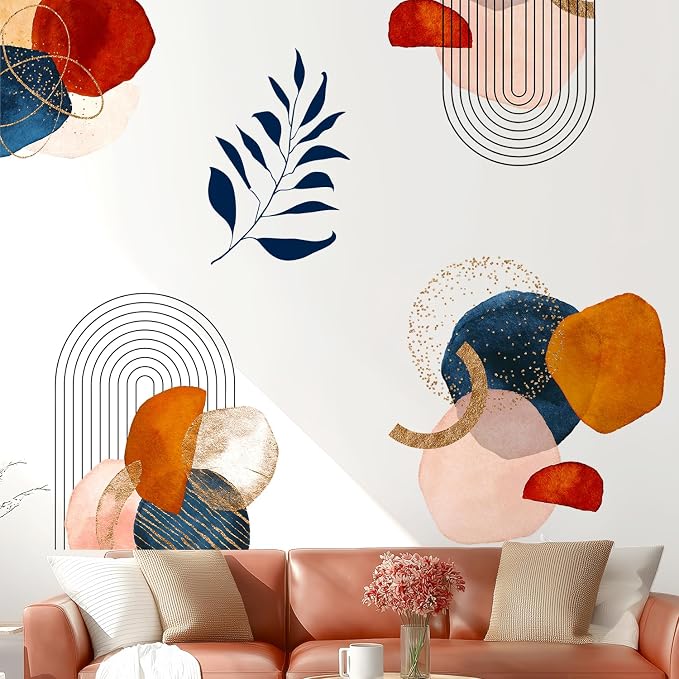 Boho Mid-Century Modern Abstract Geometric Arch Leaf Wall Decals Decor | Modern boho geometric arch lines peel and stick wall stickers mural, removable vinyl art for living room bedroom wall decor - Image 3