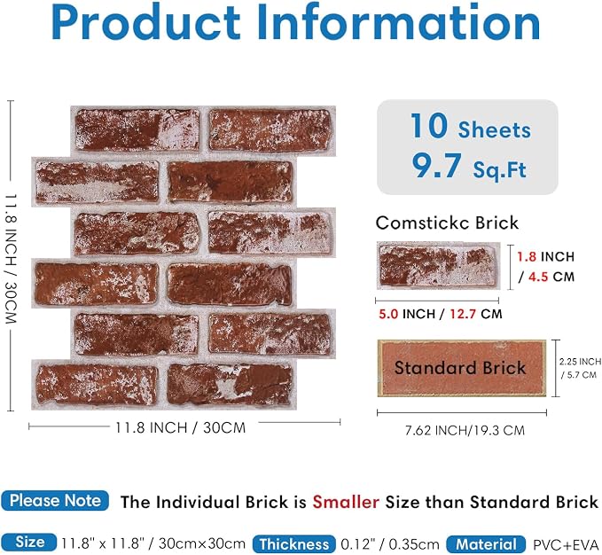 COMSTICKC 3D Faux Brick Wall Panels Peel and Stick, 10 Pcs 11.8" x 11.8" | Vintage Red, Not Real Brick, Small Size, Thin PVC Brick Wall Sticker Covering Wallpaper for Wall Upgrades, Cover 9.7 sq ft - Image 5