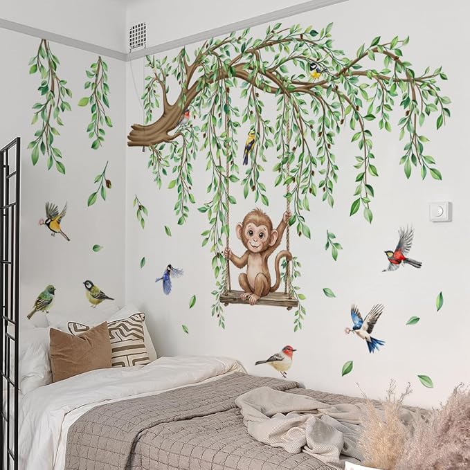 Large Tree Branch Wall Decal Green Leaf Vine Monkey DIY Home Decor Sticker - Image 9