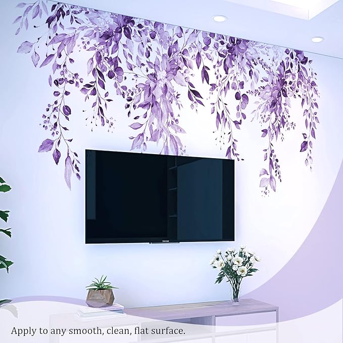 Purple Plants Leaves Wall Decals Peel and Stick, Large Floral Flowers Wall Stickers, Removable Vine Home Decor Art for Bedroom Living Room Classroom Office - Image 5
