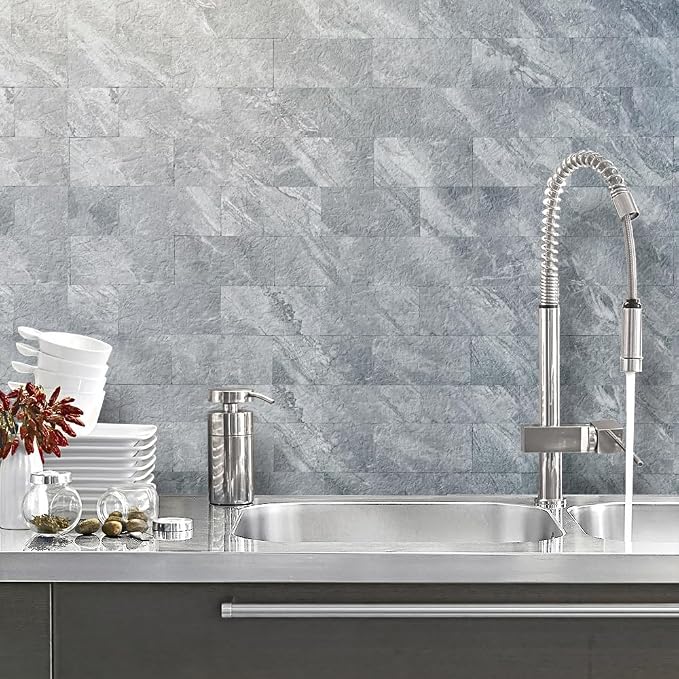 AULIGET 100-Piece Peel and Stick Backsplash Wall Tiles, 3" x 6" PVC Grey Marble Faux Stick on Tiles for Backsplash Kitchen, Bathroom, Laundry Room, Camper, Fireplace - Image 6