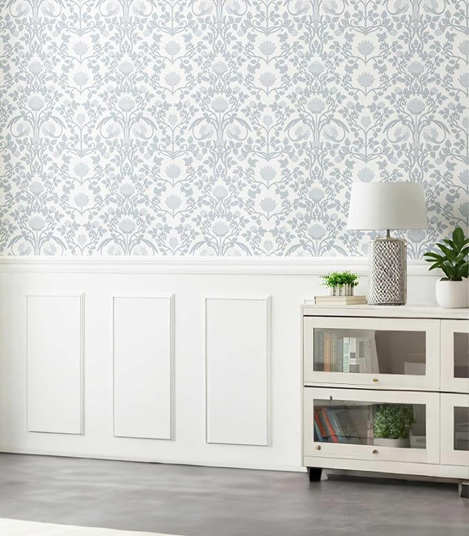 YXTII 17.3" × 393.7" Blue Floral Peel and Stick Wallpaper, Damask Vintage Wallpaper for Bedroom Bathroom Self Adhesive Removable - Image 7
