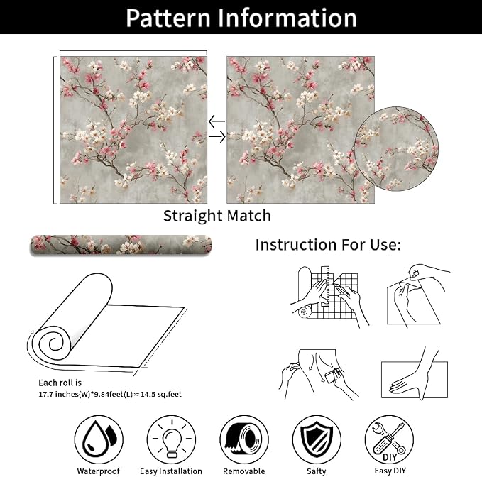Dusty-Toned Branch Flower Removable Self-Adhesive Wallpaper for Bedroom & Living Room Decor 17.7×118 Inch,Waterproof Wall Covering for Accent Walls, Apartment, Nursery - Image 9