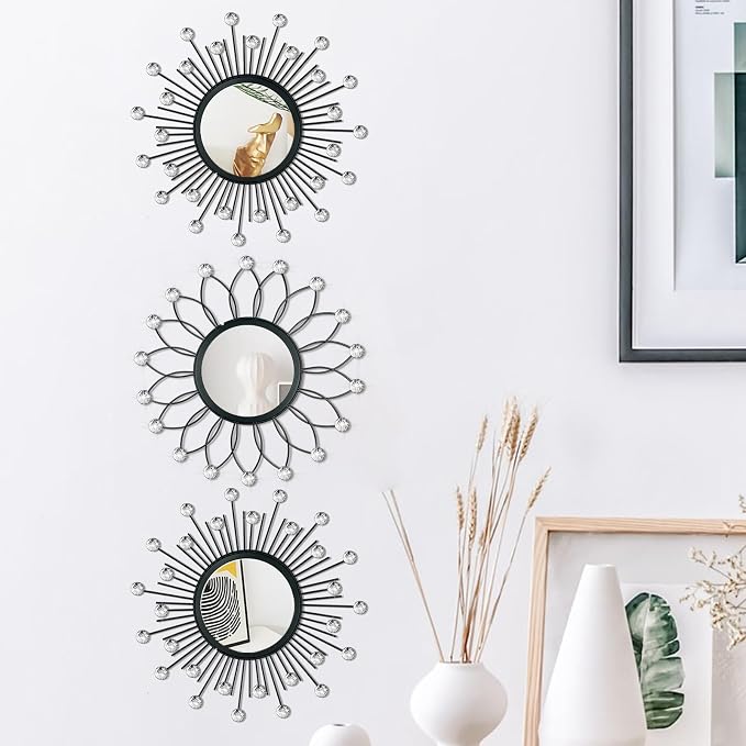 3 Pack Metal Mirrors for Wall Sunburst Wall Mirrors Home Décor Decorative Hanging Wall Art for Living Room Bedroom Entryway (Black Crystal, Flower+Sunburst) - Image 2