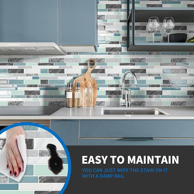 10-Sheet Peel and Stick Kitchen Backsplash Tiles | 3D Waterproof Self Adhesive Wall Tile Stick on Backsplash for Kitchen and Bathroom(Blue Green,12"×12") - Image 2
