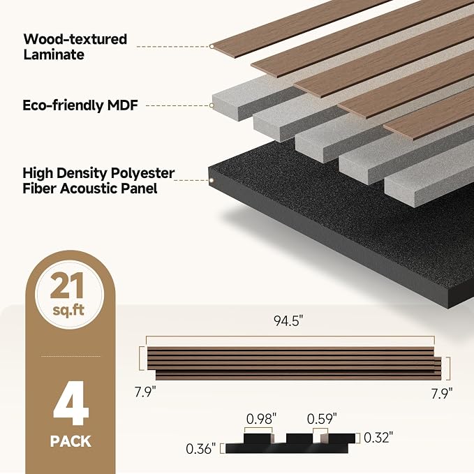INMOZATA Wood Panels for Wall Acoustic Wood Slat Wall Panels Walnut | 3D Fluted, Soundproof Wall Paneling for Interior Accent Wall Decor Living Room Bedroom & Office, 4 Pack 94.5" x 7.9" 21 ft² - Image 5