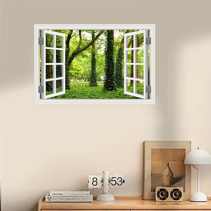 ‌Lmyhome Fake Window Wall Mural Green Grass Forest (48"x32") | Peel and Stick Faux Window Wall Sticker Decal Poster for Bedroom Home Decor - Image 6