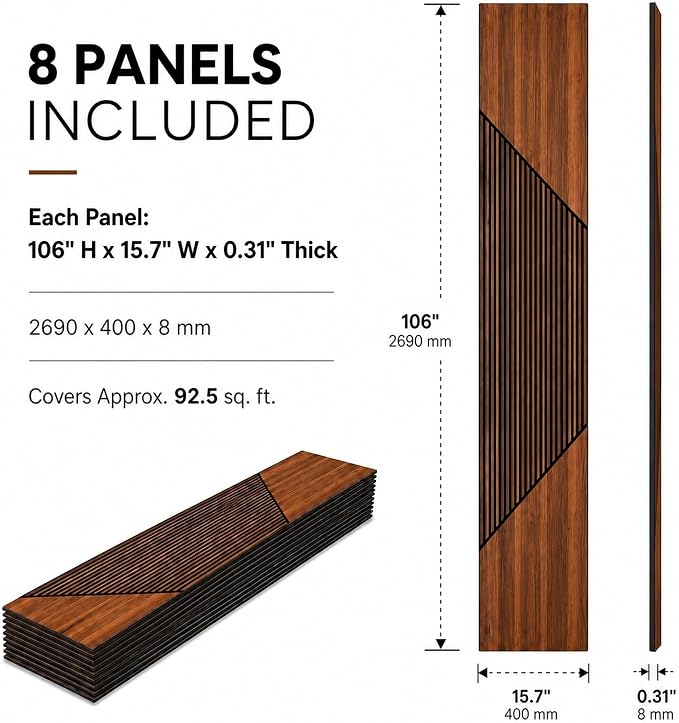 106” x 15.7” Canyon Walnut 3D Wood Wall Panels, Peel and Stick Self-Adhesive Wall Panels for Interior Accent Walls, Waterproof WPC Wall Panels, Covers 92 Sq. Ft. (Set of 8) - Image 2
