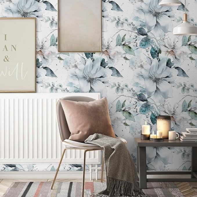 Ice Blue White Large Hyacinth Floral Green Leaf Peel and Stick Wallpaper Wall Decor Self Adhesive Wall Paper Stick on Easy Peel Off Contact for Renter Apartment - Image 3