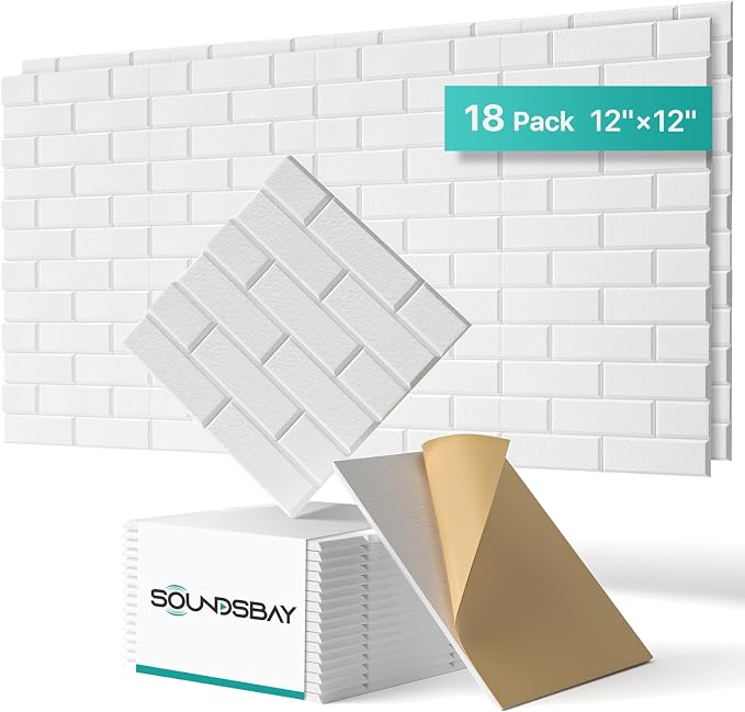 Soundsbay 18-Pack Brick Acoustic Panels, Self-Adhesive, 12"X12" | Covers 17.4 sq ft, 150kg/m³ High-Density Polyester, Soundproof Wall Panels for Recording Studio, Home Theater, Office White by Soundsbay