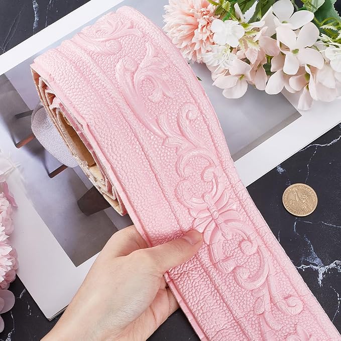 CRASPIRE 88 x 3in Crown Molding Peel and Stick 3D Flexible Foam Wall Trim Pink Self Adhesive Wallpaper Border Sticky Decorative Edging Baseboard Lines for Mirror Border Wall Hotel DIY Decor - Image 3