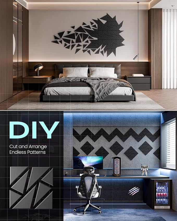 18 Pack Geometric Design Sound Proof Foam Panels for Walls 12"x12"x0.4" Fabric | Cuttable self-adhesive acoustic panels for home office studio noise reduction with flexible DIY layout, decorative Black - Image 5