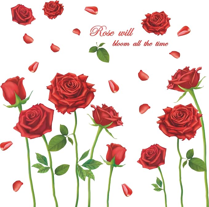 LiveGallery Beautiful Lovely Rose Flowers Wall Decals Removable DIY Butterfly Flower Vines Art Decor Wall Stickers Murals for Living Room TV Background Kids Gilrs Rooms Bedroom Decoration (Red) by LiveGallery