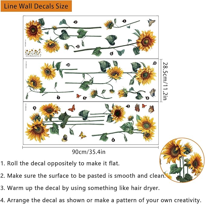 Watercolor Sunflower Wall Sticker Peel and Stick Flower Butterfly Wall Decal Vintage Floral Plant Wall Art Mural Green Leaf Wall Stickers for Living Room Bedroom Decor - Image 5