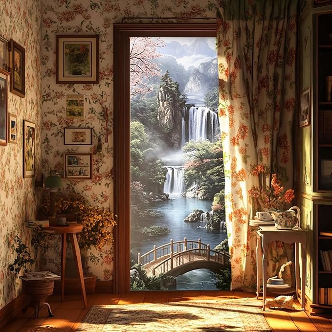 arricraft 2 Pcs Self-Adhesive Door Sticker, 31.5"x78.7" Mountain and Waterfall Pattern Door Murals Stickers PVC Door Removable Wallpaper Decoration for Bedrooms ​Living Room - Image 5