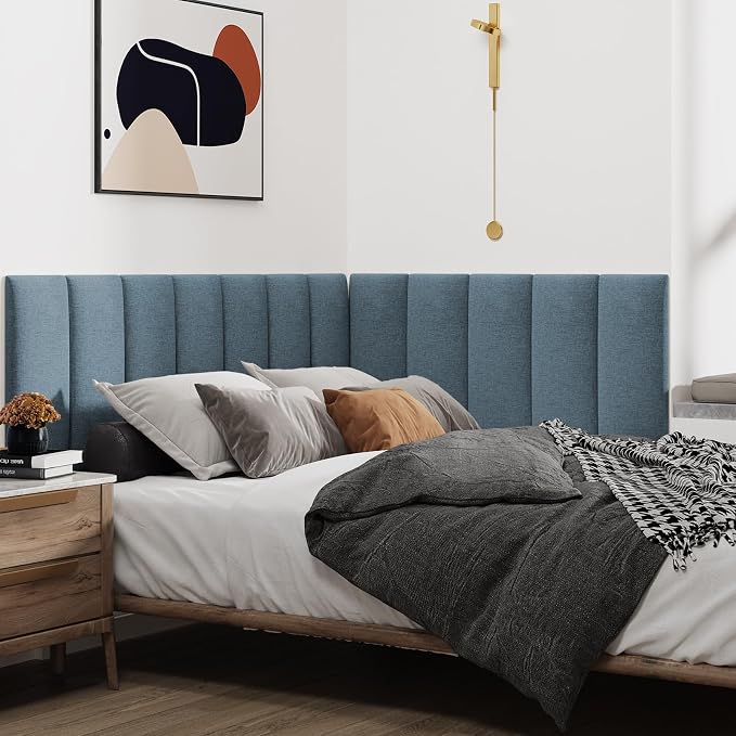 IFNOW Wall Mounted Headboard, Peel and Stick Panels, Dusty Blue, Queen | 3D Soundproof Acoustic Padding, Reusable and Removable, Tufted fabric Bed Headboard, for bedroom (9 Panels, 10" x 24") - Image 3
