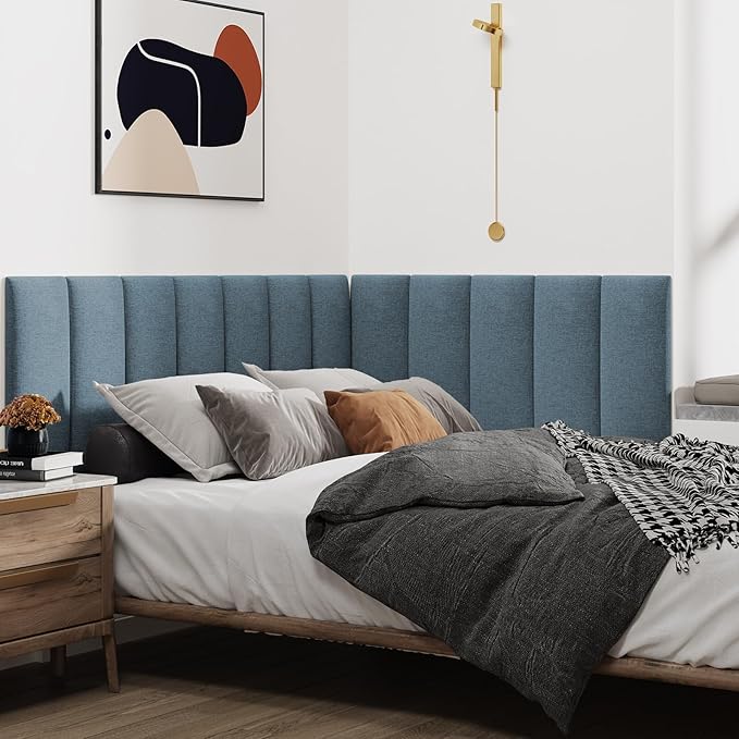 IFNOW Wall Mounted Headboard, Peel and Stick Panels, Dusty Blue, King | 3D Soundproof Acoustic Padding, Reusable and Removable, Tufted fabric Bed Headboard, for bedroom (12 Panels, 10" x 24") - Image 3