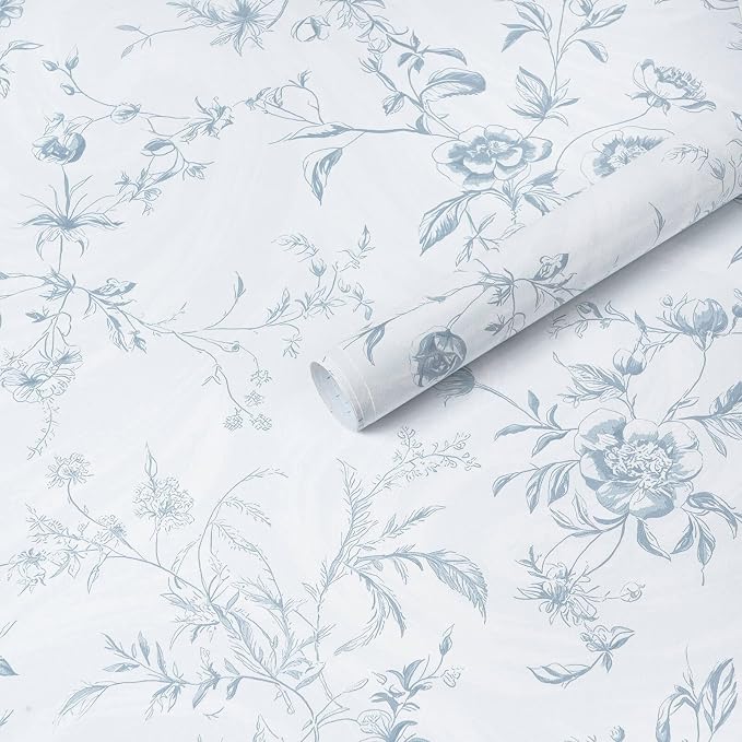 Ismoon Blue Wallpaper Peel and Stick Floral Vintage Stick on Wall Paper French Textured Contact Paper for Cabinet Removable Self Adhesive Wallpaper Vinyl Roll Shelf Deco, 17.3x787in by Ismoon