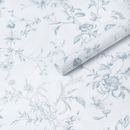 Ismoon Blue Wallpaper Peel and Stick Floral Vintage Stick on Wall Paper French Textured Contact Paper for Cabinet Removable Self Adhesive Wallpaper Vinyl Roll Shelf Deco, 17.3x393in by Ismoon