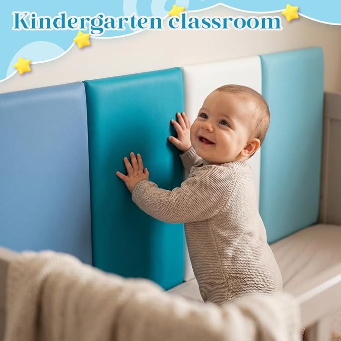 Hahafelt 8 Pack Wall Padding for Playroom Peel and Stick Headboard 23.62" x 11.81" x 1.18" 3D Anti Collision Upholstered Wall Panels Self Adhesive Headboard Panel for Protection (Blue Colors) - Image 7