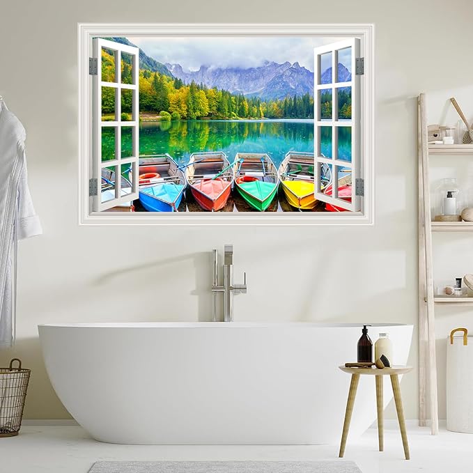 Fake Window Wall Decal- Far Mountains Forest Lakes Boat Open Art Sticker | Faux Window Natural Scenery Landscape Mural ｜ Stick and Peel Wall Decals｜Room Bedroom Office Decor｜48"x32",Set of 2 Sheets - Image 6