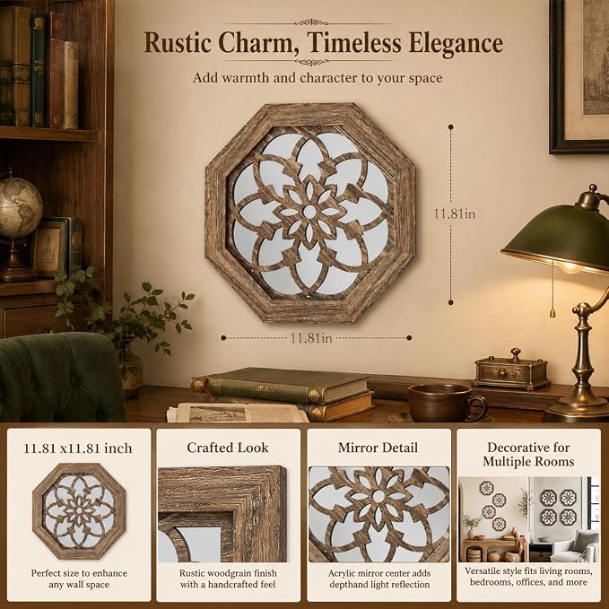 4 Pack 12 Inch Octagon Maroon Rustic Wood Frame Acrylic Wall Mirrors, Farmhouse Boho Wall Art Decor for Living Room, Bedroom, Hallway, Entryway, Bathroom & Office - Image 5