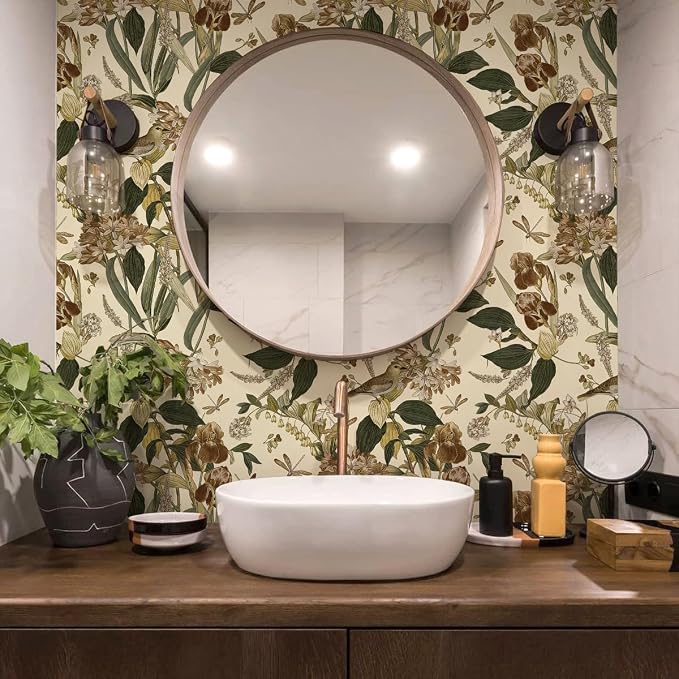 Beige Floral Bird Peel and Stick Wallpaper for Cabinet 17in x 197in | Flower Contact Paper Vintage Floral Wallpaper Boho Self Adhesive Waterproof Wall Paper Botanical Removable Decorative Vinyl - Image 3