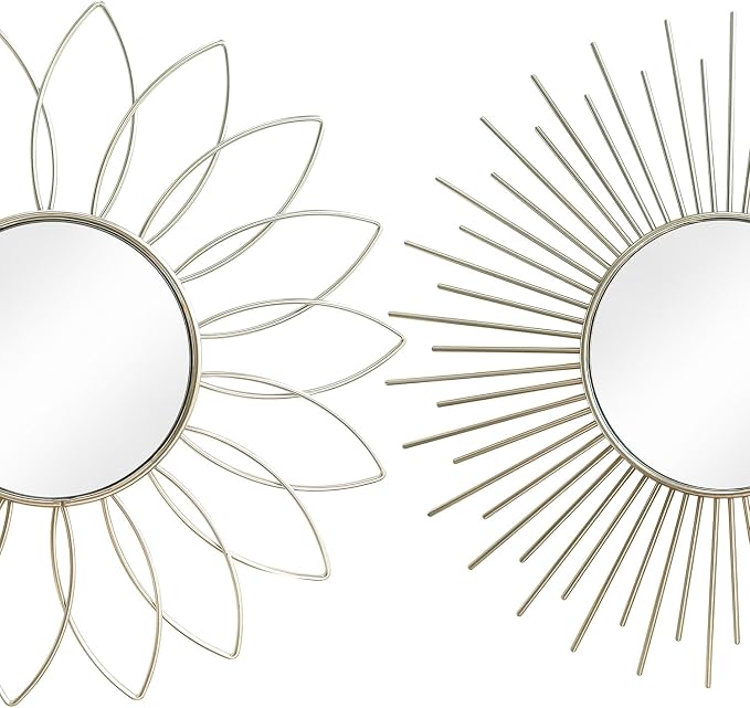 3 Pack Metal Mirrors for Wall Sunburst Wall Mirrors Home Décor Decorative Hanging Wall Art for Living Room Bedroom Entryway (Silver2, Flower+Sunburst) - Image 2