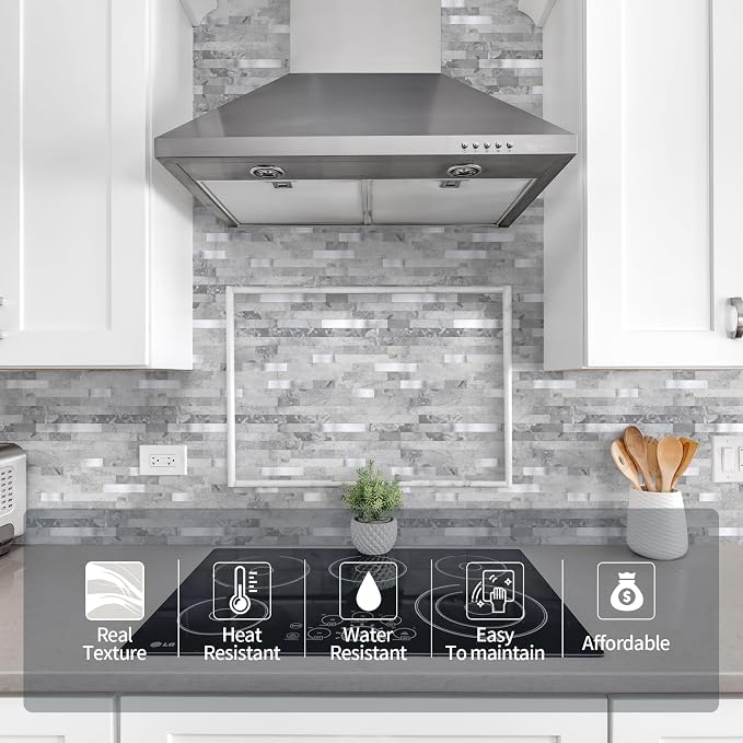 Yipscazo 1 Sheet Peel and Stick Stone Metal Tile Backsplash, Stick on Tiles for Backsplash Kitchen, Bathroom, Laundry Room, Camper, Fireplace (12'' X 12'', Gray Stone with Metal) - Image 2