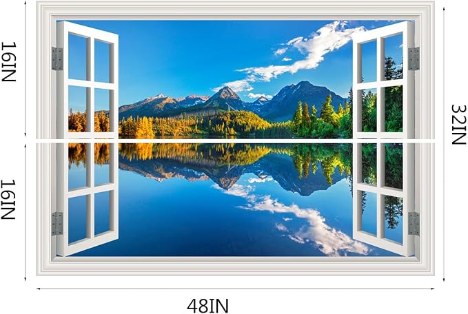 Fake Window Wall Decal- Summer Mountains Lake Forest Open Art Sticker | Faux Window Natural Scenery Landscape Mural ｜ Stick and Peel Wall Decals｜Room Bedroom Office Decor｜48"x32",Set of 2 Sheets - Image 4